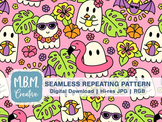 Summer Ghosts on Pink Seamless Repeat Pattern Commercial Use, Spooky Cute Colorful Seamless File, Tropical Vacation Digital Download