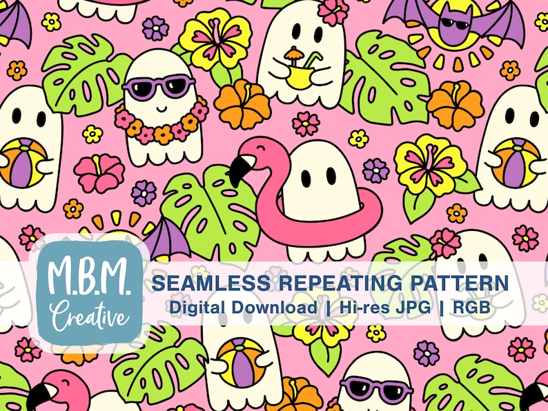 May include: A seamless repeating pattern featuring cute cartoon ghosts in various summer activities, including wearing leis, holding beach balls, and floating on pink flamingo pool floats. The background is a bright pink with tropical flowers, palm leaves, and a sun.