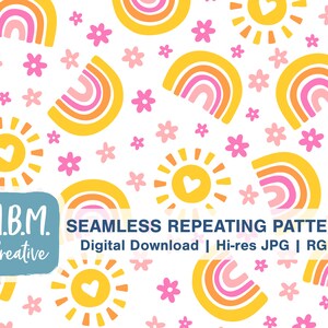 Könnte beinhalten: Nahtloses, sich wiederholendes Muster mit gelben Regenbogen, Sonnen mit Herzen und rosa Blumen auf weißem Hintergrund. Das Design enthält den Text "SEAMLESS REPEATING PATTERN" und "Digital Download | Hi-res JPG | RGB".