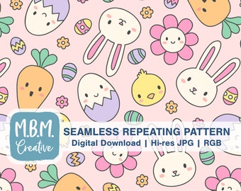 Kawaii Easter on Pink Seamless Repeat Pattern Commercial Use, Kids Easter Seamless File, Cute Bunny Carrot Flower Egg Digital Download