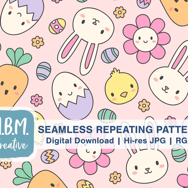 Kawaii Easter on Pink Seamless Repeat Pattern Commercial Use, Kids Easter Seamless File, Cute Bunny Carrot Flower Egg Digital Download