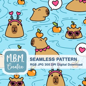 May include: Seamless pattern featuring cartoon capybaras with heart-shaped accessories and apples on their heads, floating in a blue water background. The design includes speech bubbles with hearts and orange apples. The M.B.M. Creative logo is also present.