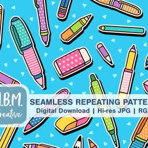 Pens & Pencils on Aqua Seamless Repeat Pattern Commercial Use, Back to School Seamless, Office Supplies Digital File
