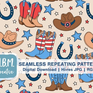 May include: A seamless repeating pattern featuring cowboy boots, cowboy hats, horseshoes, and stars in red, white, and blue. The background is a light beige color. The text "M.B.M. Creative" and "SEAMLESS REPEATING PATTERN Digital Download | Hi-res JPG | RGB" is at the bottom of the image.