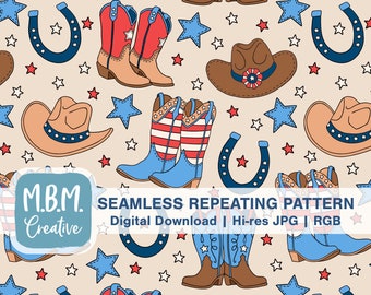 Könnte beinhalten: Ein nahtloses sich wiederholendes Muster mit Cowboystiefeln, Cowboyhüten, Hufeisen und Sternen in Rot, Weiß und Blau. Der Hintergrund ist hellbeige. Der Text "M.B.M. Creative" und "SEAMLESS REPEATING PATTERN Digital Download | Hi-res JPG | RGB" befindet sich am unteren Rand des Bildes.