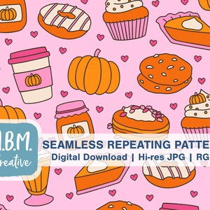 May include: A seamless repeating pattern featuring a variety of fall-themed treats, including pumpkin spice lattes, cupcakes, donuts, and pumpkin pie. The background is a light pink with small hearts.