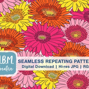 Gerbera Daisy Seamless Repeat Pattern Commercial Use, Bright Pretty Spring Floral Seamless File, Flower Garden Digital Download