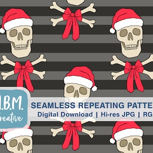 Skulls with Santa Hat on Gray Stripe Seamless Repeat Pattern for Commercial Use, Creepy Holiday Digital Download, Teen Christmas File