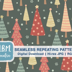 Hand-Drawn Christmas Trees on Green Seamless Repeat Pattern for Commercial Use, Holiday Digital Download, Winter Boho Seamless File
