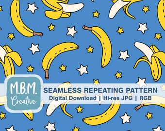Plátanos y estrellas en patrón de repetición sin costuras azul para uso comercial, descarga digital de frutas tropicales, patrón de repetición de verano para niños lindos