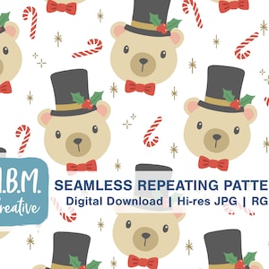 Fancy Bear with Christmas Top Hat on White Seamless Repeat Pattern Commercial Use, Cute Holiday Bear Digital Download, Bear in Hat Seamless