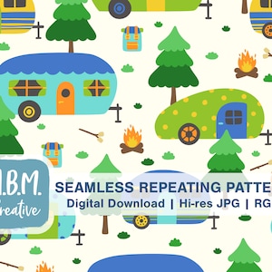 May include: A seamless repeating pattern with cartoon camping trailers, trees, campfires, and backpacks on a cream background. The design includes the text "SEAMLESS REPEATING PATTERN" and "Digital Download".