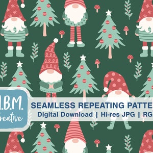 May include: A seamless repeating pattern featuring gnomes wearing red and white hats, green and white striped shirts, and red and white striped pants. The gnomes are standing in front of green Christmas trees with red and white ornaments. The background is a dark green color.