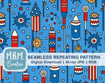 4th of July Fireworks on Medium Blue Seamless Repeat Pattern Commercial Use, Patriotic Red White Blue Digital Download, Firecracker Seamless