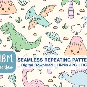 May include: A seamless repeating pattern featuring cute cartoon dinosaurs, palm trees, and volcanoes on a light beige background. The dinosaurs are green, pink, and blue. The volcanoes are orange with pink lava and have smiling faces. The palm trees are purple with green leaves.