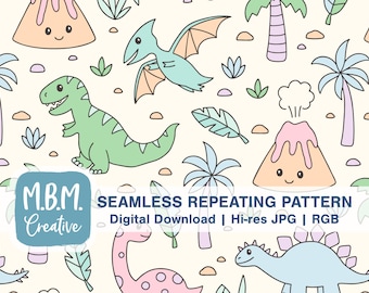 Kawaii Dinos in Pastels Seamless Repeat Pattern Commercial Use, Cute Kids Seamless File, Baby Dinosaur Digital Download