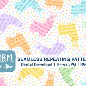 Rainbow Llama and Confetti Seamless Repeat Pattern for Commercial Use, Llama Digital Download, Cute Pastel Seamless File