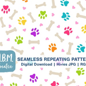 Rainbow Paw Prints & Bones Seamless Repeat Pattern for Commercial Use, Pet Seamless File, Dog Print Digital Download