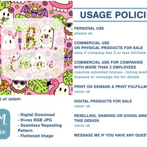 May include: A pink and green seamless pattern featuring ghosts wearing sunglasses and holding tropical drinks, pink flamingos, bats, and tropical leaves. The text "USAGE POLICIES" is displayed with a list of commercial and personal use guidelines. The text "M.B.M. Creative" is displayed with a list of digital product details.