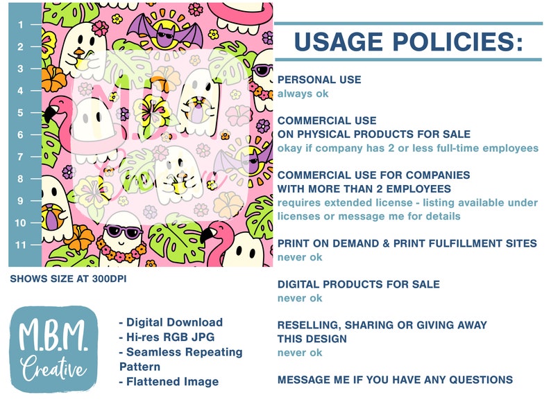 May include: A pink and green seamless pattern featuring ghosts wearing sunglasses and holding tropical drinks, pink flamingos, bats, and tropical leaves. The text "USAGE POLICIES" is displayed with a list of commercial and personal use guidelines. The text "M.B.M. Creative" is displayed with a list of digital product details.
