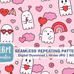 Op de afbeelding: Een naadloos herhalend patroon met schattige cartoon-geesten met harten, wolken, regenbogen en bloemen op een roze achtergrond. Het patroon is perfect voor Valentijnsdag of elke andere gelegenheid.