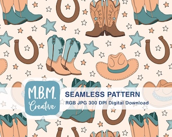 Everyday Cowboy: Brown & Teal Seamless Pattern Commercial Use, Cowboy Boot Hat Illustration Seamless, Wild West Pattern