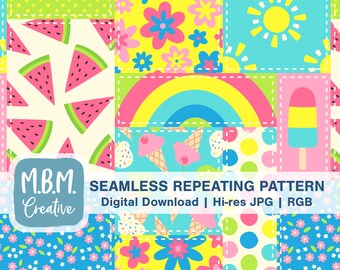 Patchwork Summer Bright Color Seamless Repeat Pattern Commercial Use, Beach Season Download, Cheerful Fruit Rainbow Flower Sun Seamless file