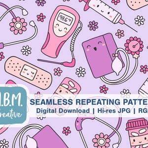 May include: A seamless repeating pattern featuring cute cartoon medical supplies on a light purple background. The pattern includes a stethoscope, thermometer, blood pressure cuff, syringe, bandaid, and pill bottle. The pattern is perfect for creating fabric, wallpaper, or wrapping paper.