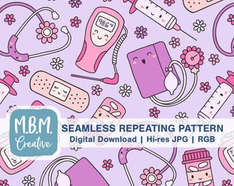 Kawaii Nurse Pattern on Purple Seamless Pattern Commercial Use, Cute Nurse Seamless Repeat Pattern, Healthcare Medical Digital Pattern