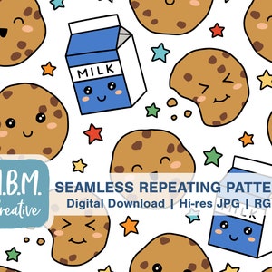 Kawaii Milk & Cookies on White Seamless Repeat Pattern for Commercial Use, Dessert Food Seamless File, Cute Kids Cookie Digital Download