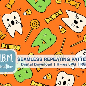 Koszmar zęba, bezszwowy powtarzalny wzór na pomarańczowo, ilustracja strasznych zębów, higienistka, wzór na Halloween, dentysta Pobierz