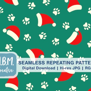 May include: A seamless repeating pattern featuring red and white Santa hats and white paw prints on a teal green background.