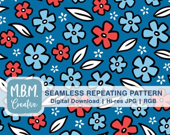 4 de julio Floral on Blue Seamless Repeat Pattern para uso comercial, Red White Blue Digital Download, Patriotic Seamless File