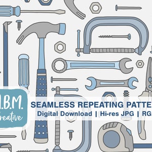 May include: A seamless repeating pattern featuring various tools in blue and grey, including a hammer, wrenches, screwdrivers, pliers, a tape measure, and a clamp. The pattern is on a white background.