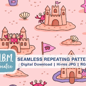 Sandcastles on Pink Seamless Repeat Pattern Commercial Use, Summer Beach Kids Seamless File, Crab Starfish Digital Download