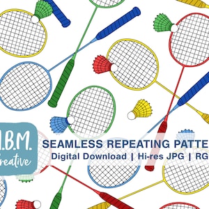 May include: A seamless repeating pattern featuring colorful badminton rackets and shuttlecocks. The rackets are yellow, blue, red, and green. The shuttlecocks are white with colorful feathers.