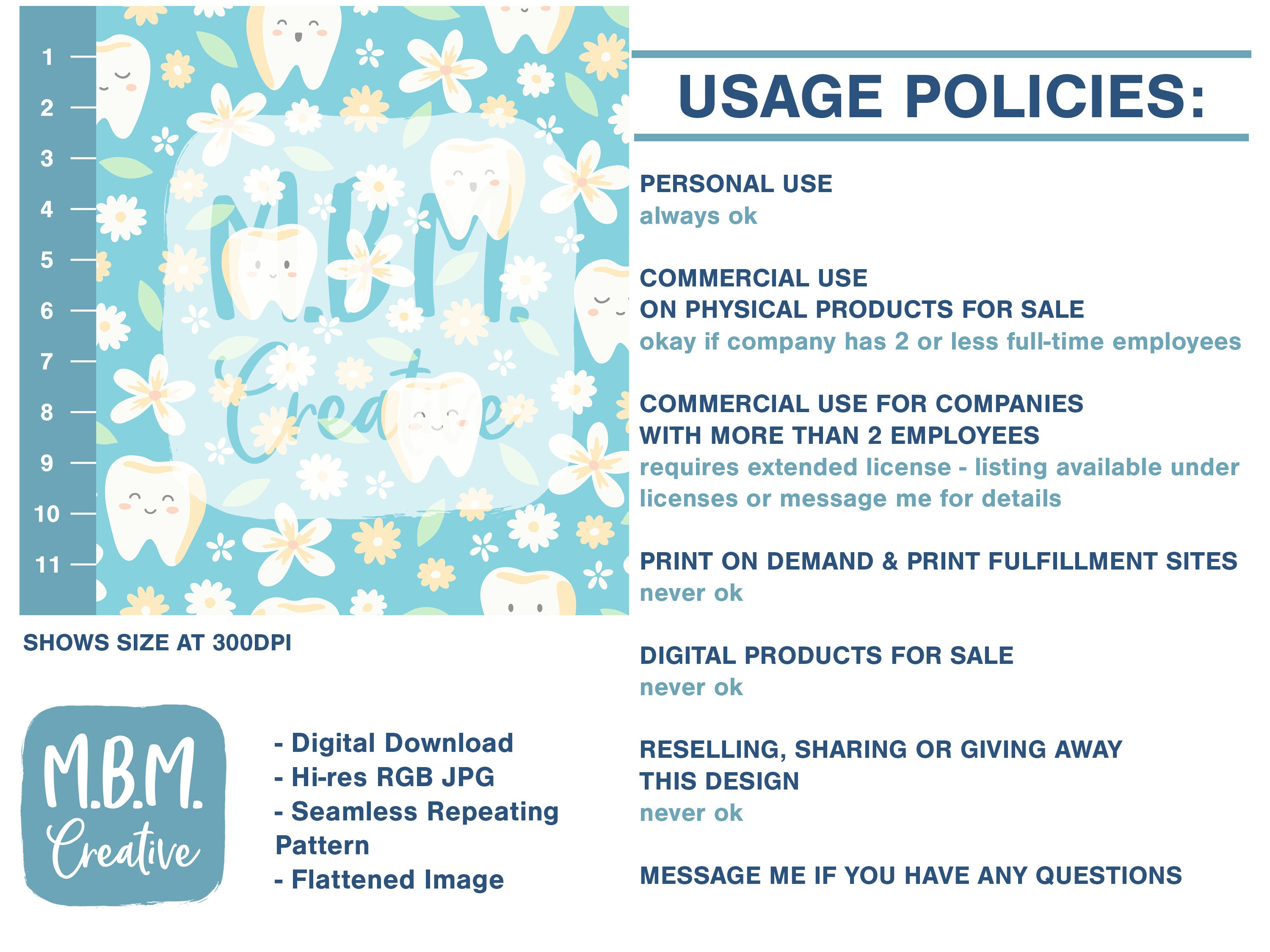 Cute Teeth & Flowers on Blue Seamless Repeat Pattern for Commercial Use ...