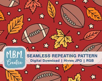 Football & Leaves on Red Seamless Repeat Pattern Commercial Use, Fall Autumn Sports Seamless File, American Football Digital Download