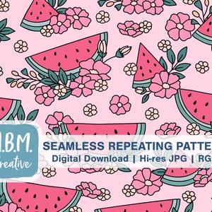 Watermelon Floral on Pink Seamless Repeat Pattern Commercial Use, Cute Sweet Summer Fruit Download, Watermelon and Flowers Digital Paper