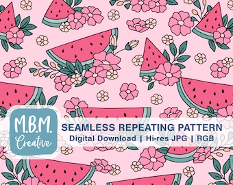 Anguria floreale su motivo ripetuto rosa senza cuciture per uso commerciale, download di frutta estiva dolce e carina, carta digitale con anguria e fiori