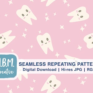 Sparkling Clean Kawaii Teeth on Baby Pink Seamless Repeat Pattern for Commercial Use, Cute Dental Hygienist Dentist Digital Download