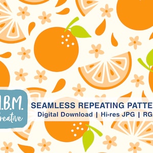 Juicy Oranges with Flowers on Cream Seamless Repeat Pattern for Commercial Use, Orange Citrus Fruit Digital Download, Summer Seamless file