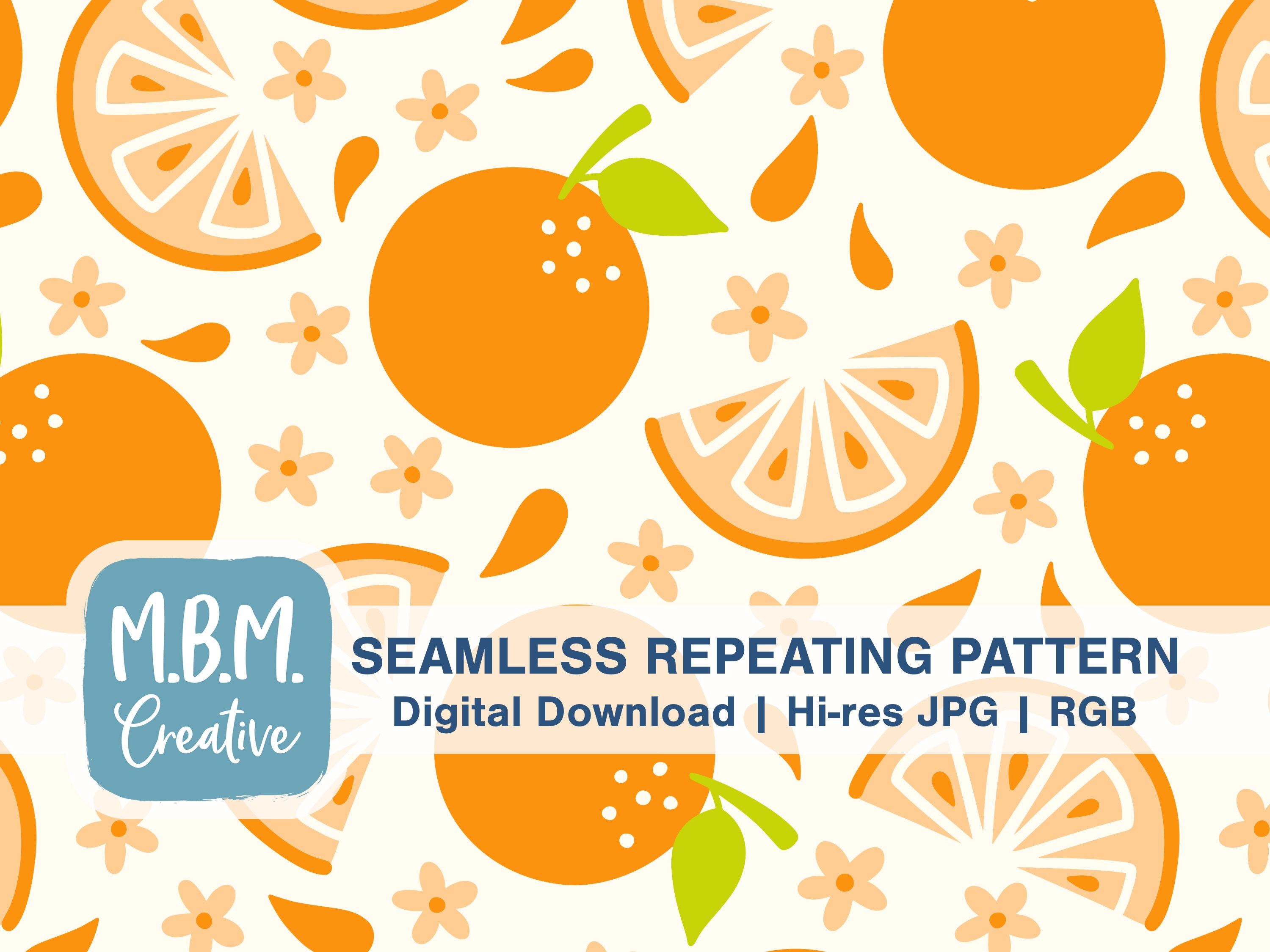 Juicy Oranges with Flowers on Cream Seamless Repeat Pattern for Commercial Use, Orange Citrus Fruit Digital Download, Summer Seamless file