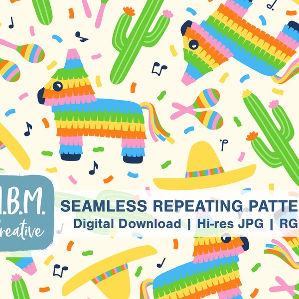 Cinco de Mayo Seamless Repeat Pattern Commercial Use, Piñata Maracas Cacti Sombrero Seamless File, Mexican Celebration Digital Download