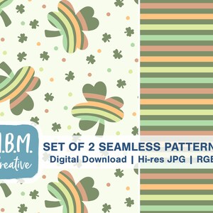 May include: Two seamless patterns, one with green shamrocks with orange, yellow, and green stripes on a light green background with small green shamrocks and orange dots, and the other with horizontal stripes in green, orange, yellow, and light green. The text "SET OF 2 SEAMLESS PATTERNS Digital Download | Hi-res JPG | RGB" is at the bottom of the image.