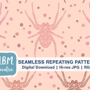 Pretty Spiders in Pink & Brown Seamless Repeat Pattern Commercial Use, Detailed Doodle Seamless File, Spooky Cute Digital Download