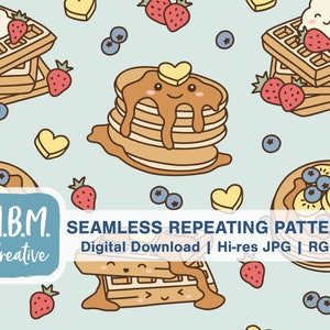 Puede incluir: Un patrón repetitivo sin costuras con un fondo azul claro con varios alimentos para el desayuno, incluyendo waffles, panqueques, fresas, arándanos y corazones. El texto "M.B.M. Creative" y "SEAMLESS REPEATING PATTERN Digital Download | Hi-res JPG | RGB" también está incluido.