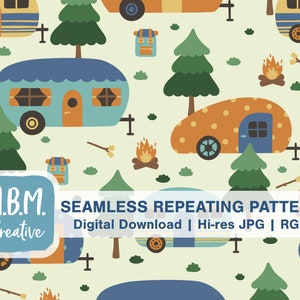 May include: A seamless repeating pattern featuring colourful camper vans, pine trees, campfires, and backpacks. The background is a light green colour. The text "M.B.M. Creative" and "SEAMLESS REPEATING PATTERN" is included in the design.