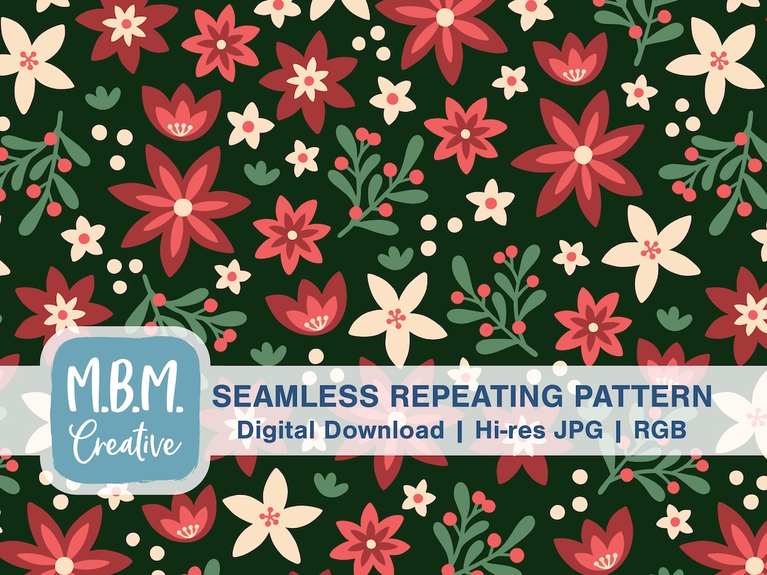 Poinsettia Garden on Dark Green Seamless Repeat Pattern Commercial Use ...
