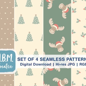May include: Set of four digital seamless Christmas patterns featuring a beige background with white polka dots, a beige background with green Christmas trees, a green background with brown reindeer wearing Santa hats, and a beige background with green holly leaves and red berries. The text "SET OF 4 SEAMLESS PATTERNS" is displayed in blue on a white banner.